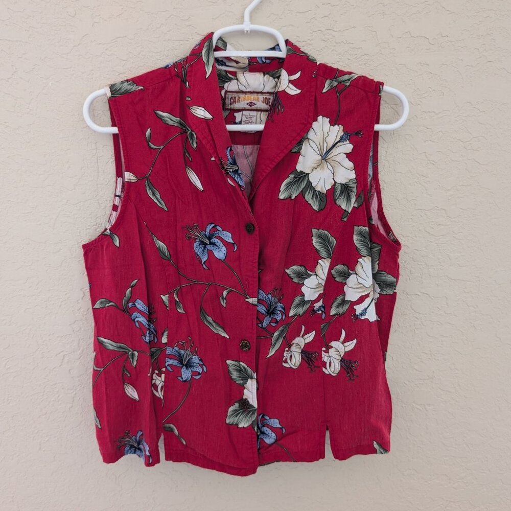 Vintage Caribbean Joe Hawaiian 100% Rayon Collared Tank Button Up Size L